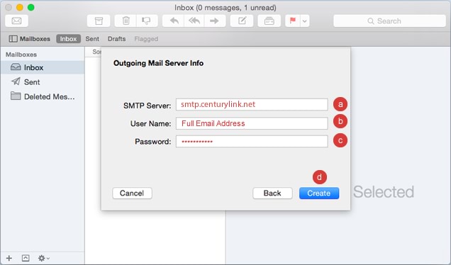 screenshot of email setup for Mac, showing outgoing server settings
