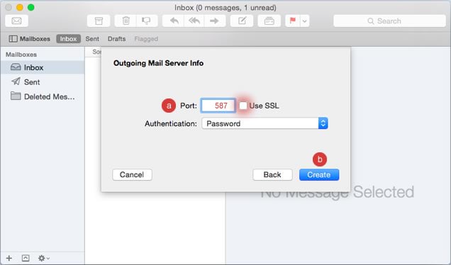 screenshot of email setup for Mac, showing outgoing server port settings