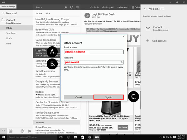 Set up email in Windows 10 step 7