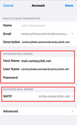 Screenshot - iPhone incoming and outgoing mail server settings