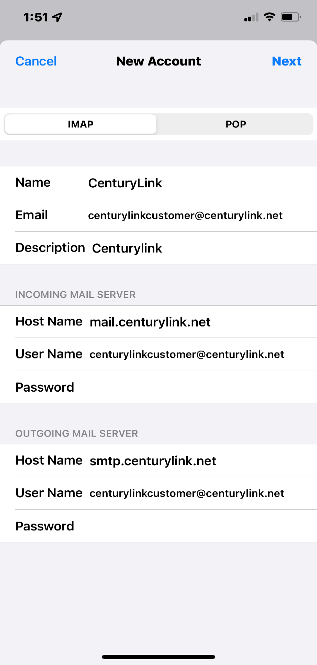 screenshot iPhone IMAP settings