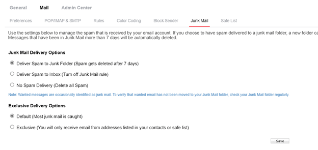 screenshot from CenturyLink webmail showing junk mail options