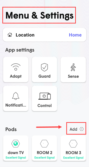 HomePass menu and settings screen showing add a pod