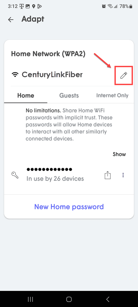 HomePass app Home Network screen