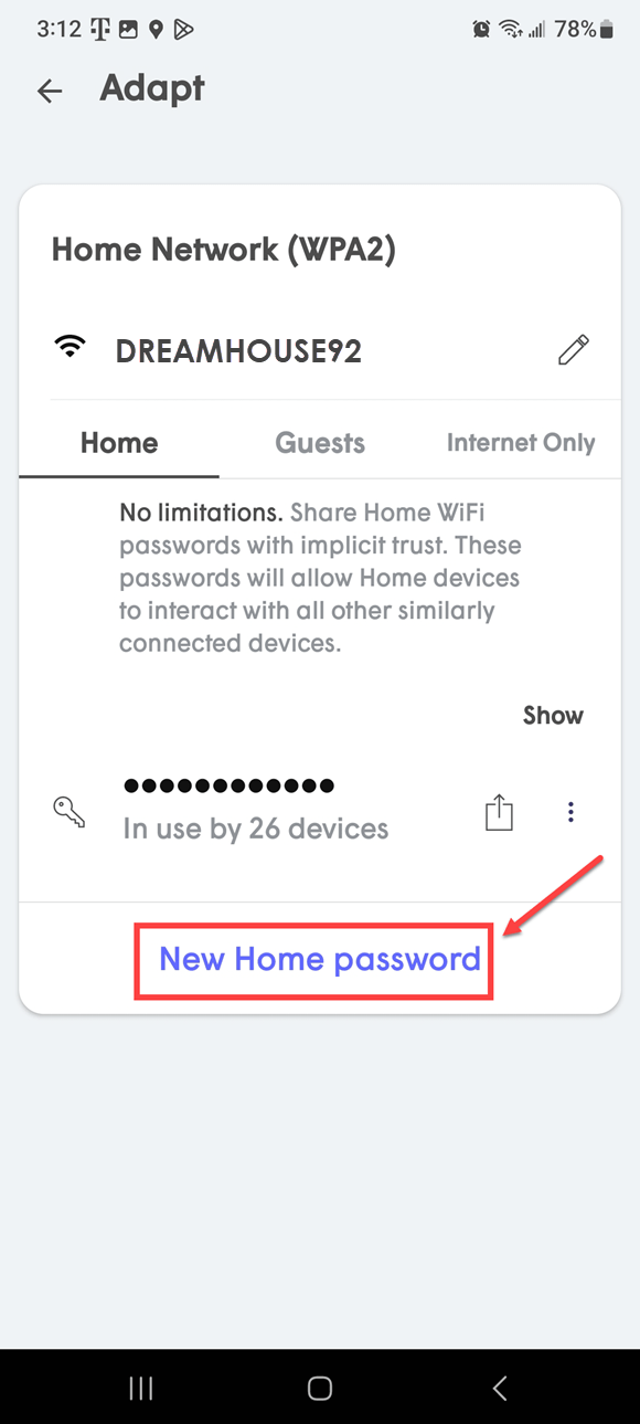 HomePass app New Home password