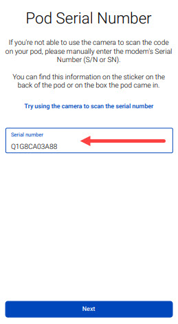 Adding a new WiFi pod in the app - enter the serial number