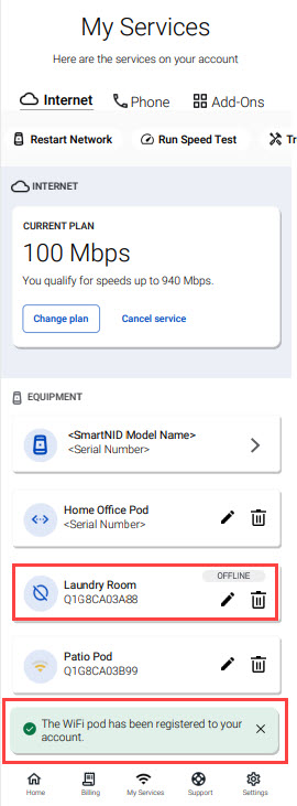 New Premium WiFi pod added and shown on My Services screen