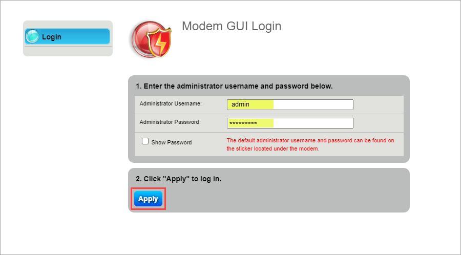 Screenshot of the modem GUI sign in screen