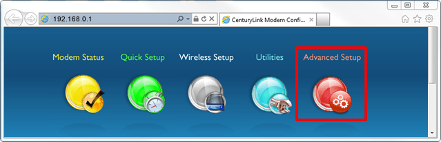 Advanced setup menu (blue) in the modem GUI