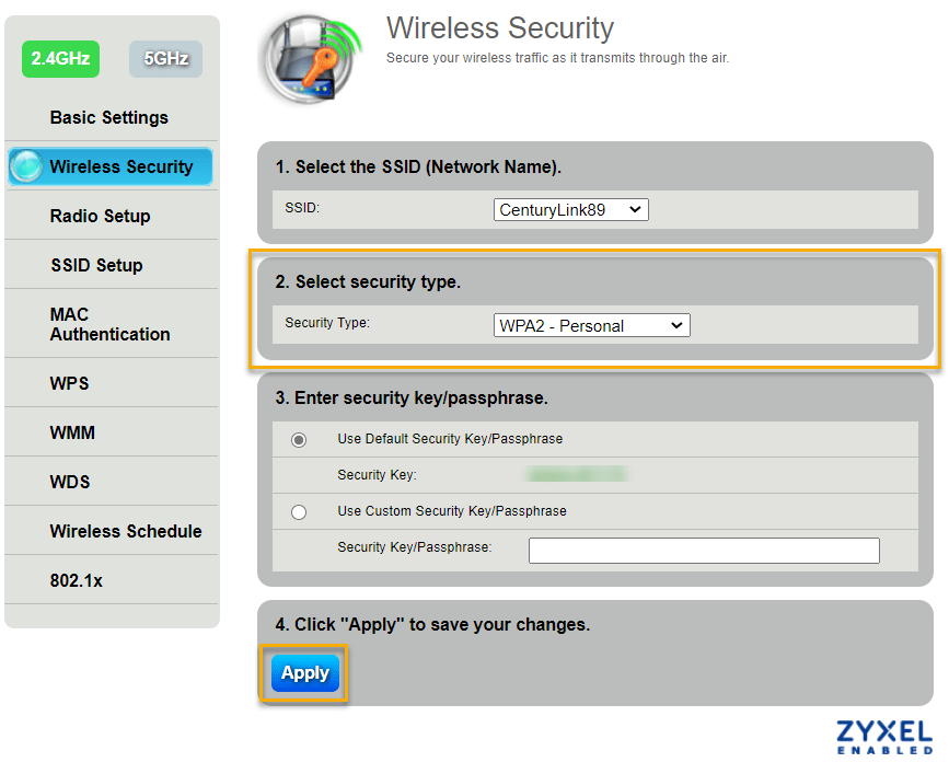 Zykel modem gui - wireless security