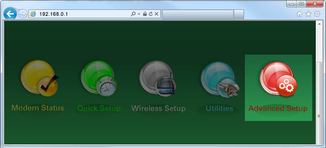 Screenshot of modem settings GUI menu, with Advanced Setup highlighted