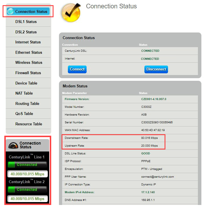 modem status menu