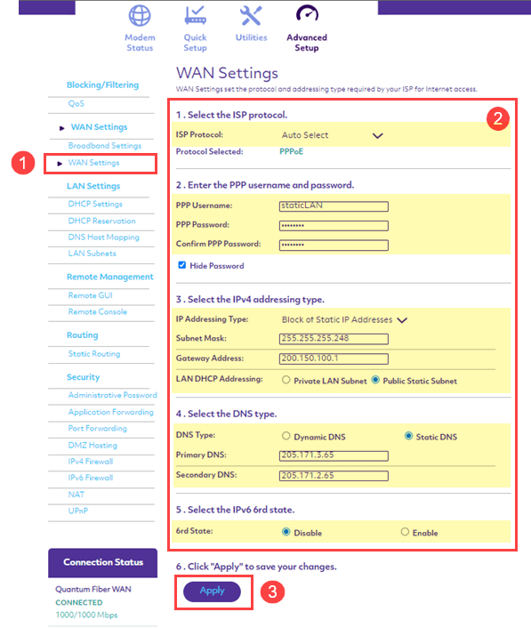 C5500XK static IP setup - WAN settings