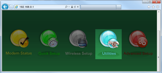 Screenshot of modem settings GUI menu, with Utilities highlighted