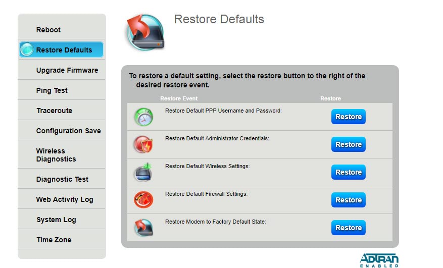 Screenshot of the modem utilities menu showing options to restore defaults