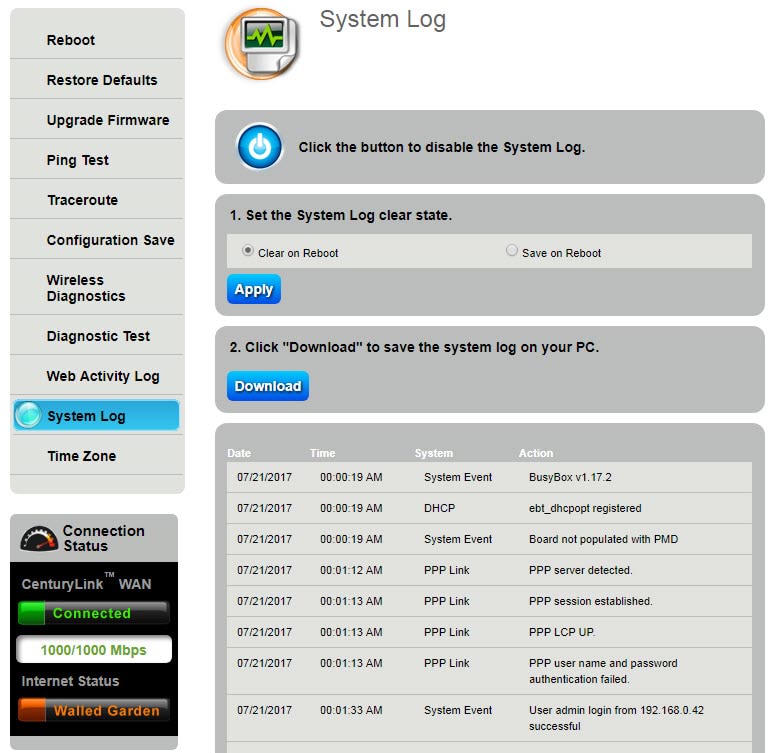 Modem utilities - System log