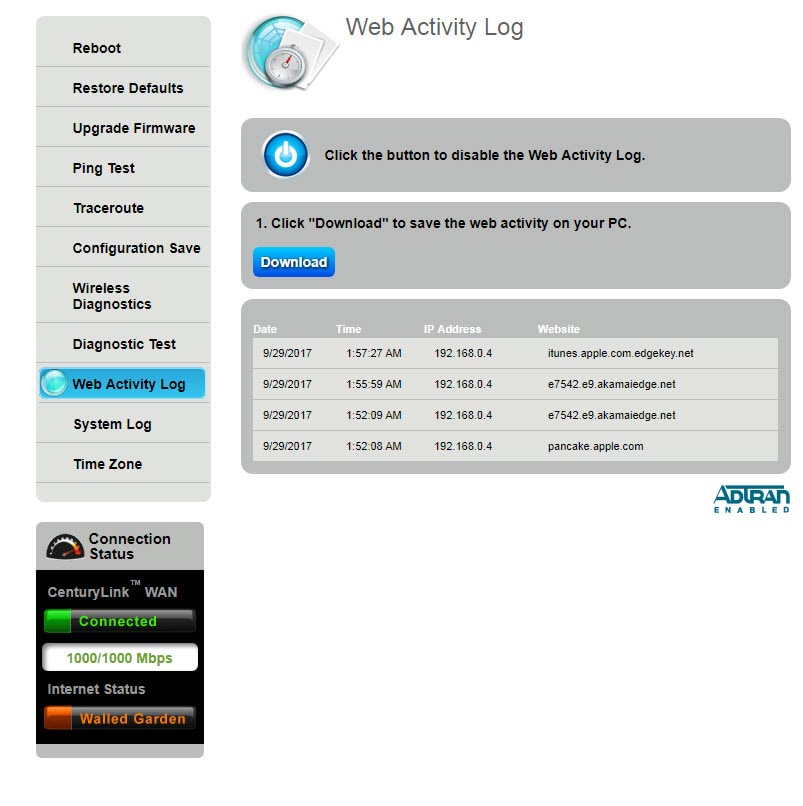 Modem utilities - Web activity log
