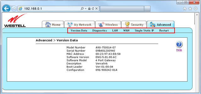 Westell 7500 modem advanced settings screenshot
