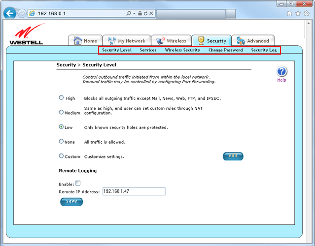 Westell 7500 modem security settings screenshot