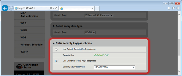 screenshot of modem settings showing new password entry