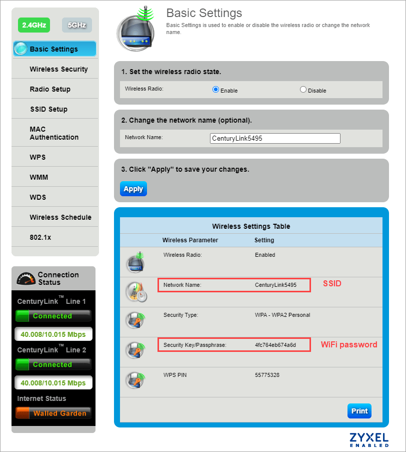 Screenshot of the Basic Settings screen in the modem's Wireless Setup menu