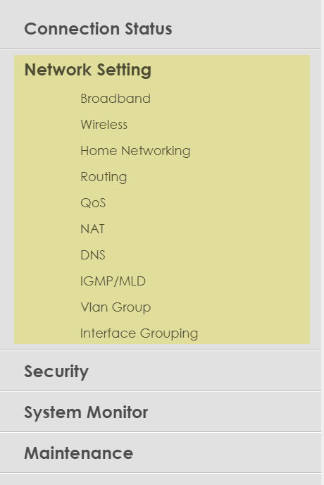 Zyxel user interface - Network Settings menu