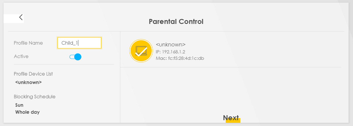 Zyxel user interface - Parental Control 2