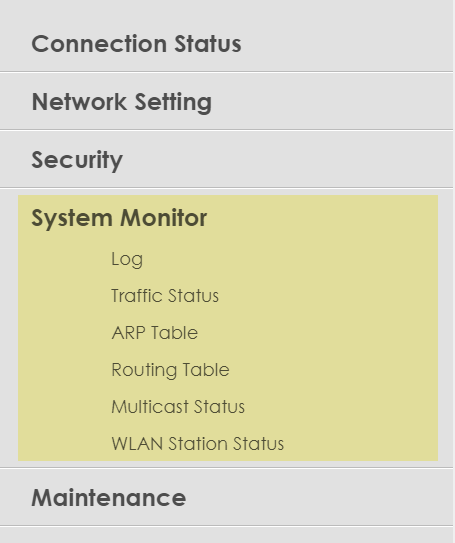 Zyxel user interface - System Monitor menu