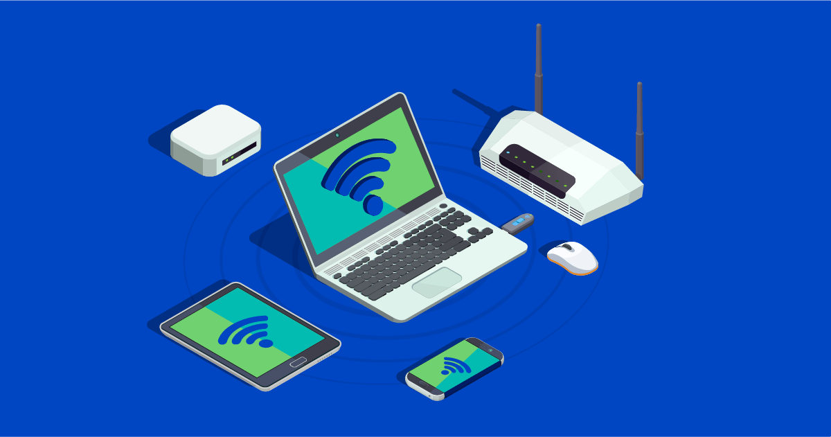 Ilustración de configuración de WiFi: varios dispositivos conectados a un enrutador inalámbrico