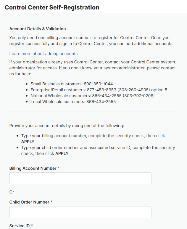 Control Center Self Registration form image