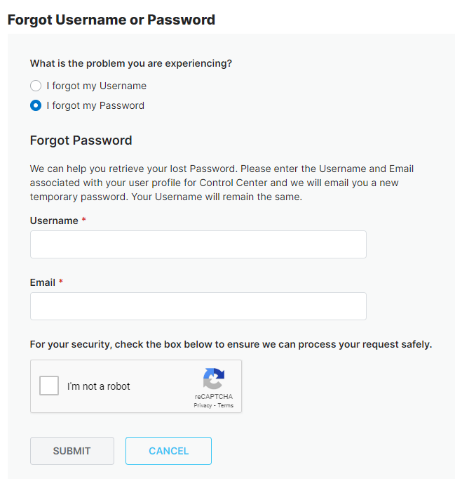 Control Center Forgot Password form image
