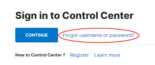 Control Center sign in with "forgot username or password" circled