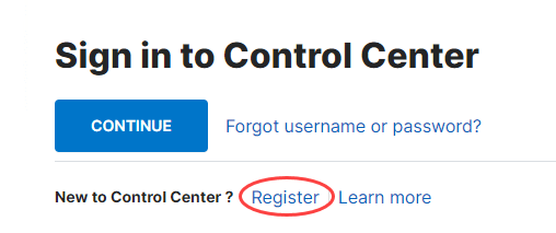 Control Center sign in with "register" circled