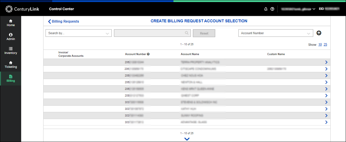 screenshot from Control Center - Create Billing Ticket