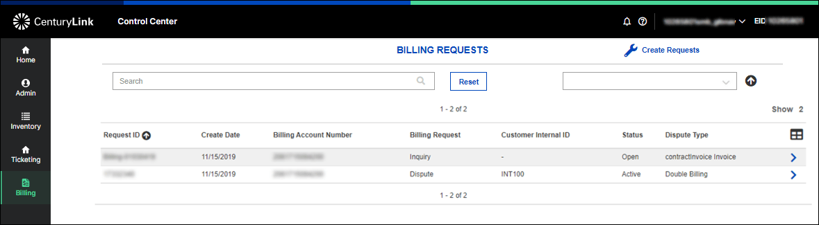 screenshot from Control Center - Billing Tickets