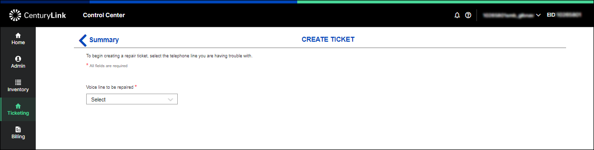 screenshot from Control Center - Ticketing - Create Ticket