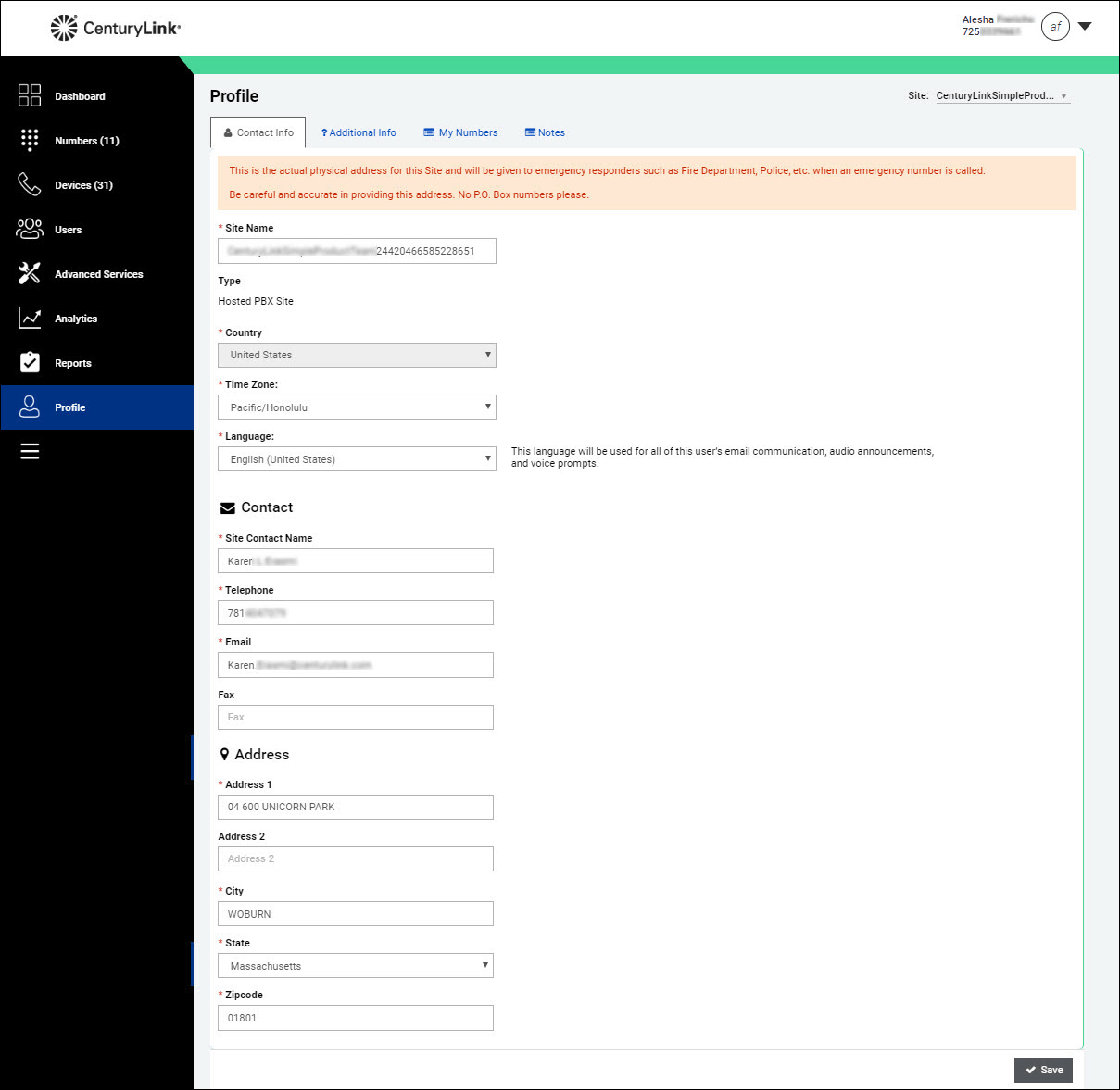 SIMPLE administrator portal screenshot showing contact info in the Profile tab
