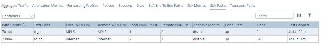 Monitor tab (showing SLA Paths tab for an appliance)