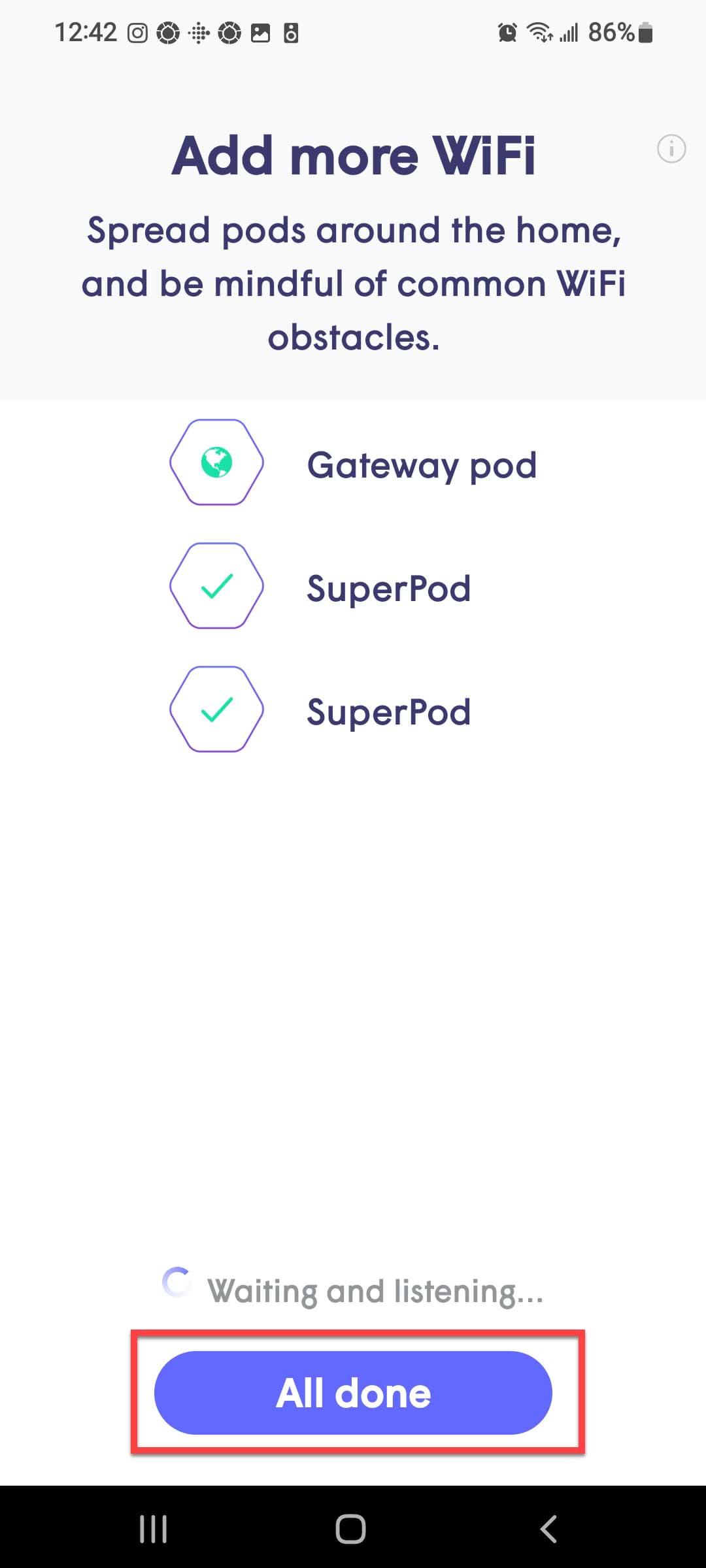 HomePass app screenshot, done adding pods