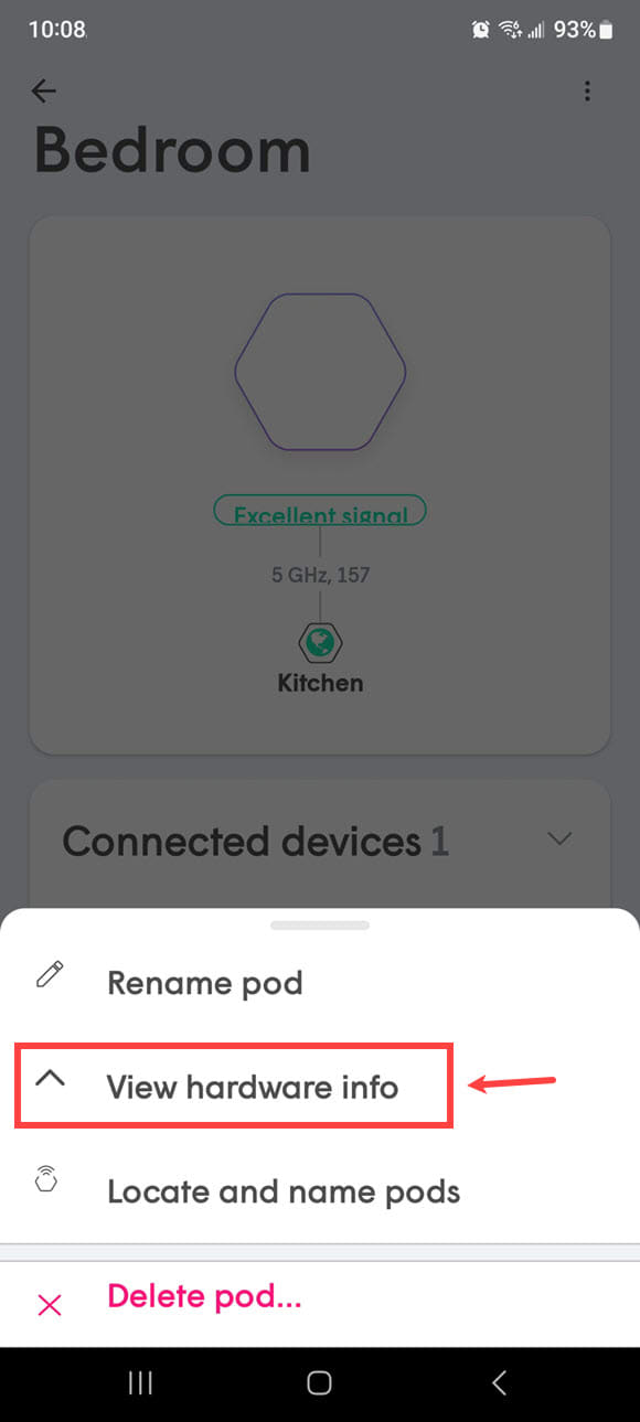 HomePass app screenshot, pod menu, view hardware info