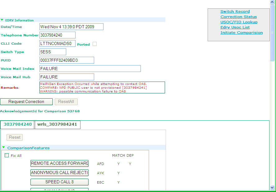 Edrv information after initiating a comparison