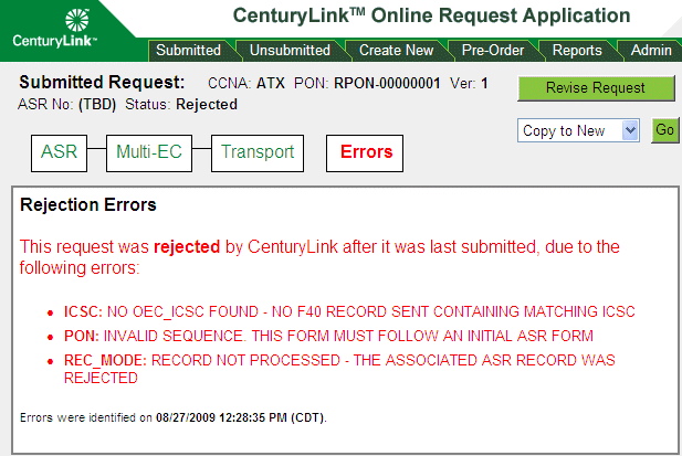 Rejection errors for submitted request