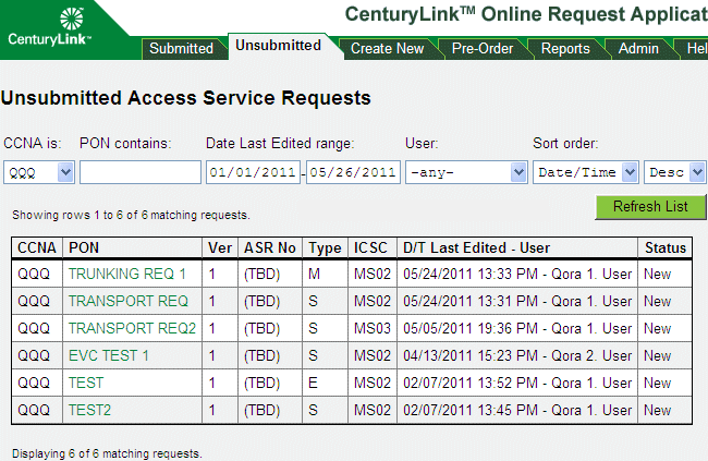Unsubmitted request search results