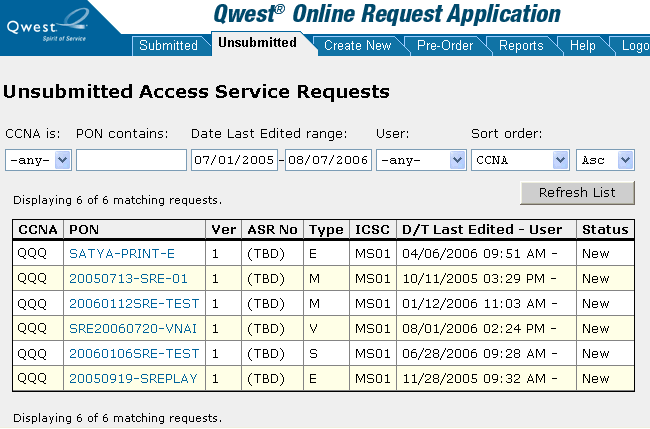 Unsubmitted Requests